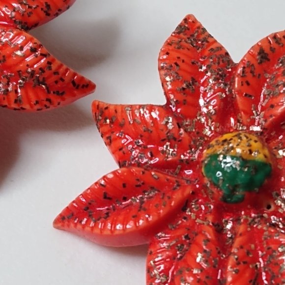 Vintage Red Poinsettia Flower Celluloid Clip On Earrings - Picture 9 of 16